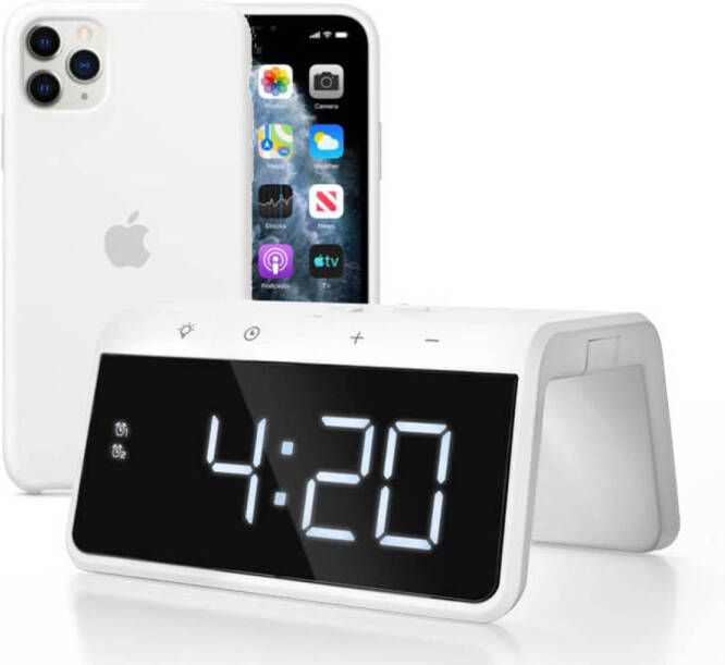 Caliber Digitale Wekker Met Draadloze Oplader Wake Up Light Nachtlampje Qi Lader Wit(Hcg019qi wa )