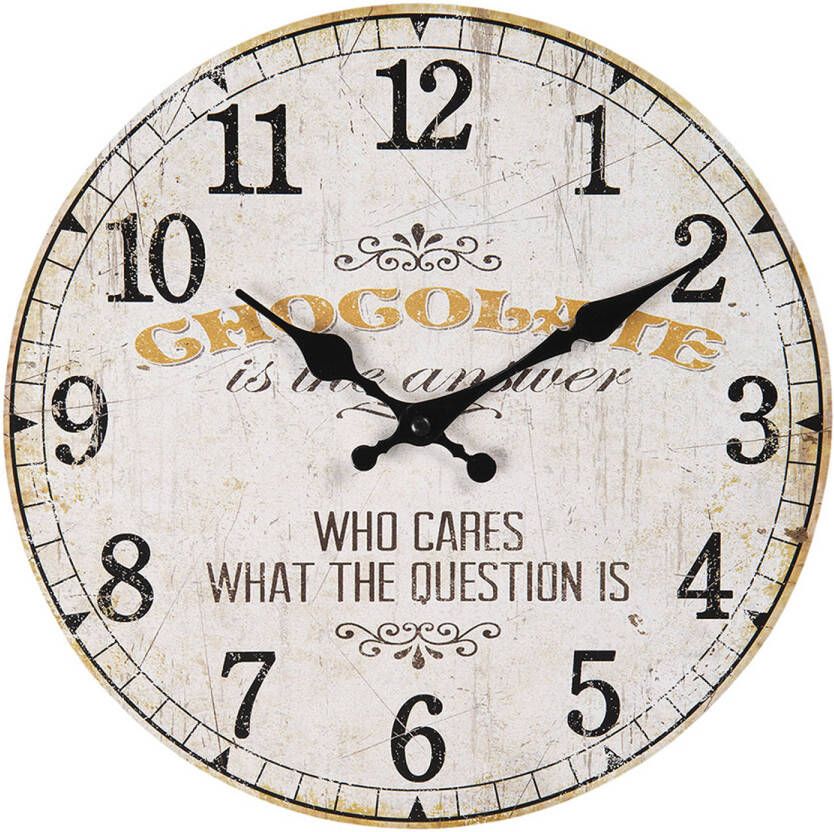 Clayre & Eef Wandklok Ø 30 Cm Beige Geel Mdf Rond Chocolate Muurklok Hangklok Keukenklok Beige Muurklok Hangklok