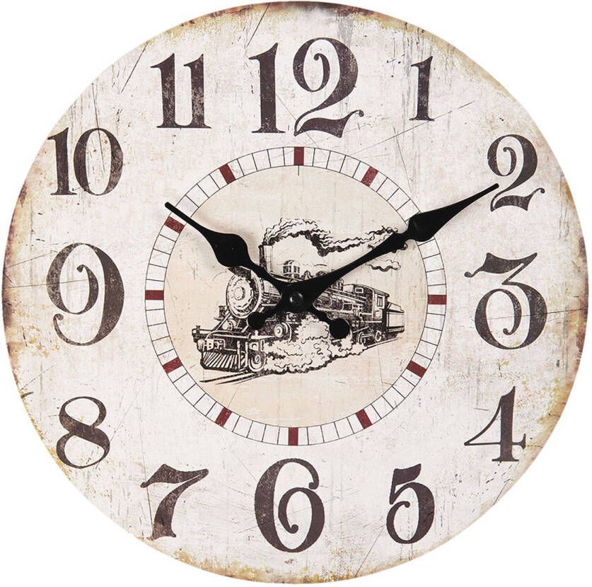 Clayre & Eef Wandklok Ø 30 Cm Beige Hout Rond Stoomtrein Muurklok Hangklok Keukenklok Beige Muurklok Hangklok