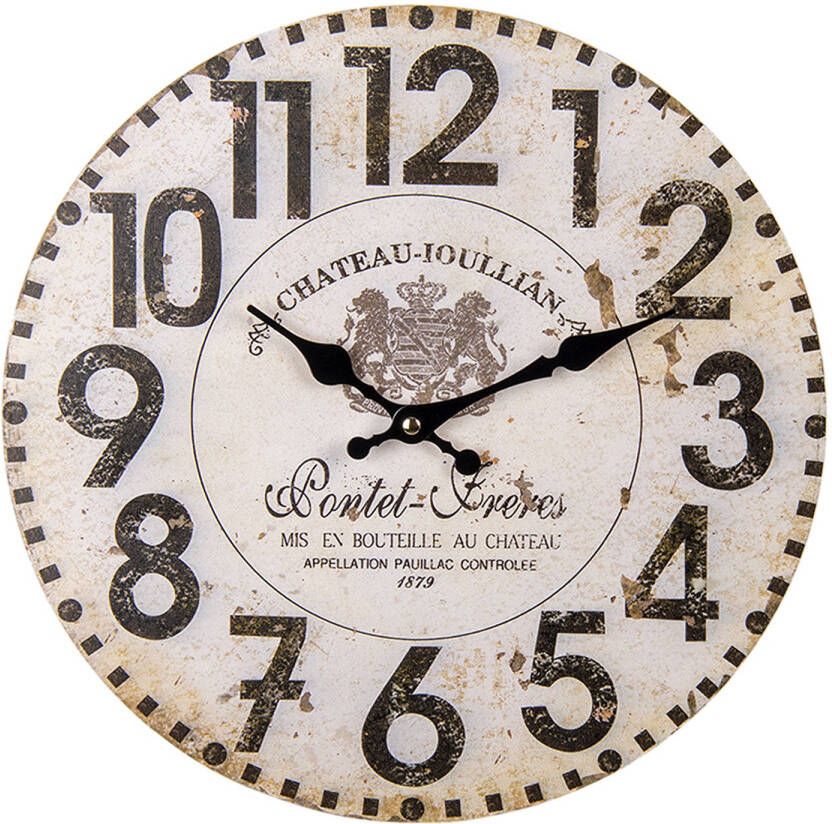 Clayre & Eef Wandklok Ø 34 Cm Beige Mdf Rond Muurklok Hangklok Keukenklok Beige Muurklok Hangklok