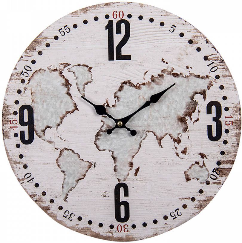 Clayre & Eef Wandklok Ø 34 Cm Beige Mdf Rond Wereldkaart Muurklok Hangklok Keukenklok Beige Muurklok Hangklok