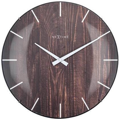 NeXtime Stille Wandklok 35cm Bol Glas Bruin 'Edge Wood Dome'